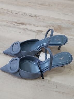 Zara Dusty Blue Faux Suede Pointed Slingback Heels with Buckle Size 7.5